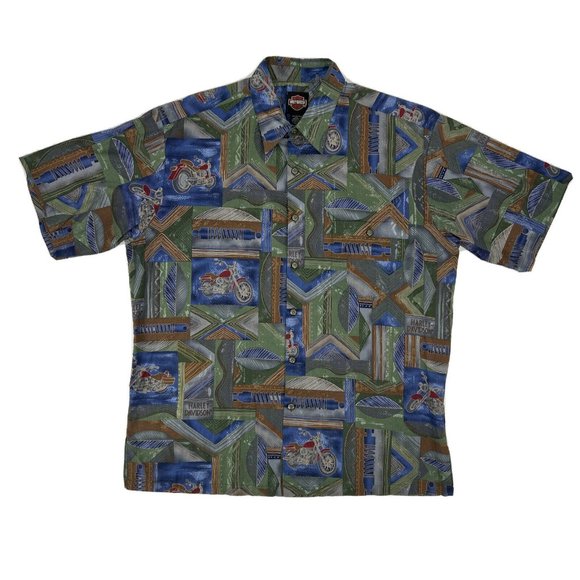 Men's Harley-Davidson Short‎ Sleeve Button Down Shirt Multicolor L Tori Richard - Picture 1 of 8